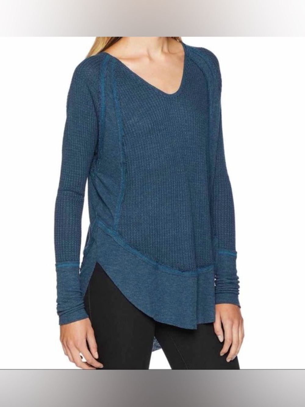 We The Free Teal Blue V-Neck Layered Hem Knit Top